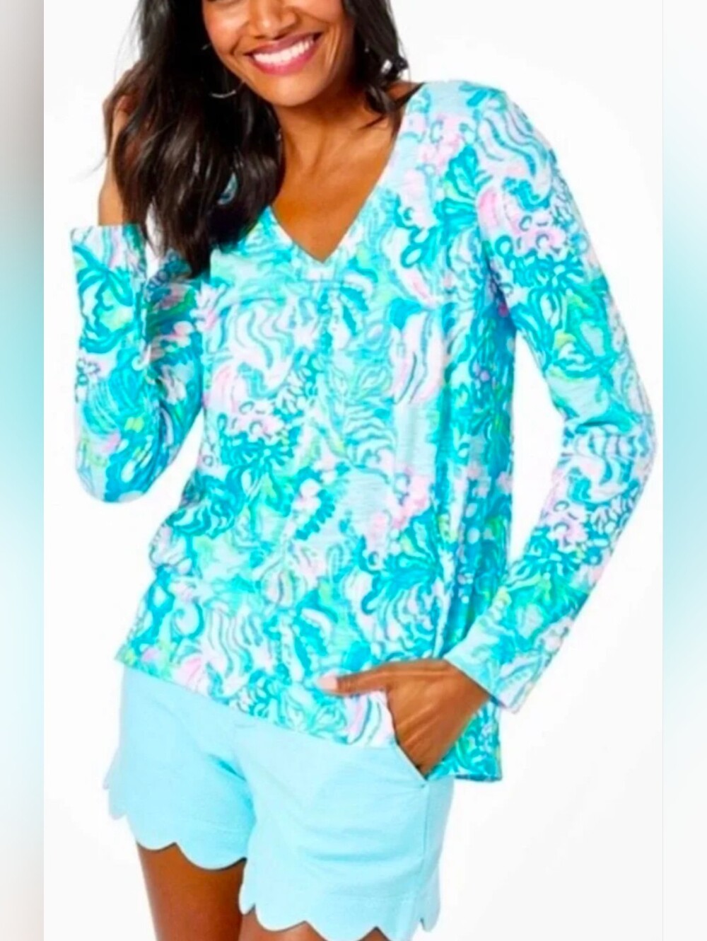Lilly Pulitzer Etta 100% Cotton Long Sleeve Top Blue Ibiza Aqua La Vista L